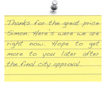 Thanks for the great price Simon. Here’s were we are right now. Hope to get more to you later after the final city approval.