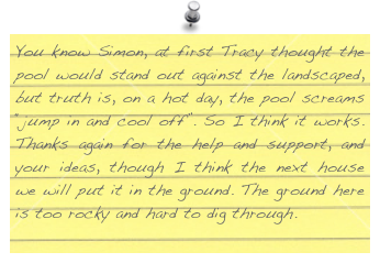 You know Simon, at first Tracy thought the pool would stand out against the landscaped, but truth is, on a hot day, the pool screams “jump in and cool off”. So I think it works. Thanks again for the help and support, and your ideas, though I think the next house we will put it in the ground. The ground here is too rocky and hard to dig through.